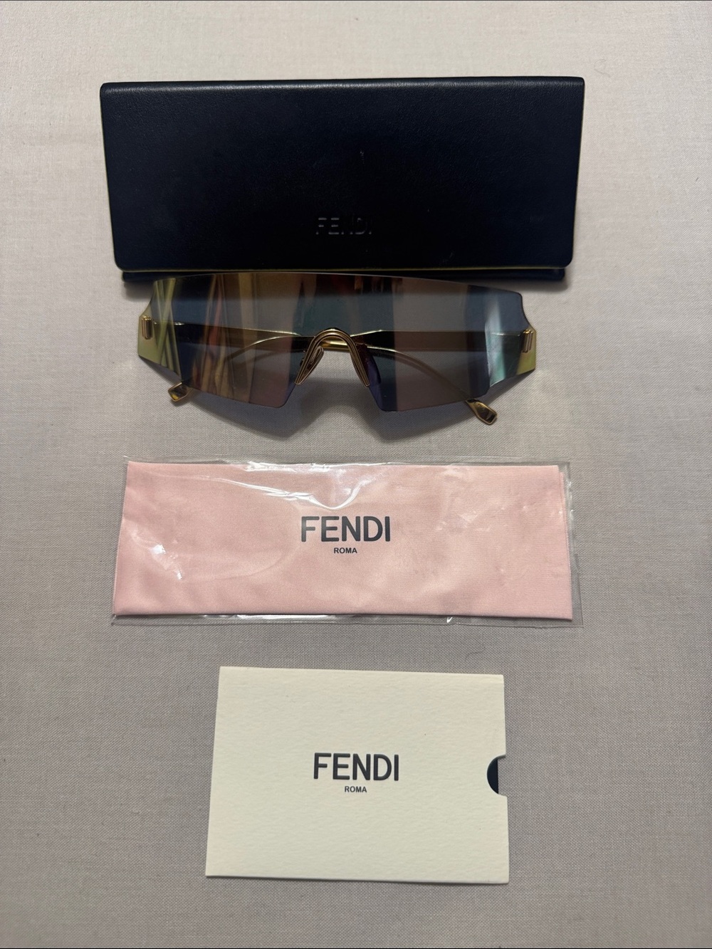 Fendi Black Leather Eyewear Case with Pink Fendi Cloth and Card